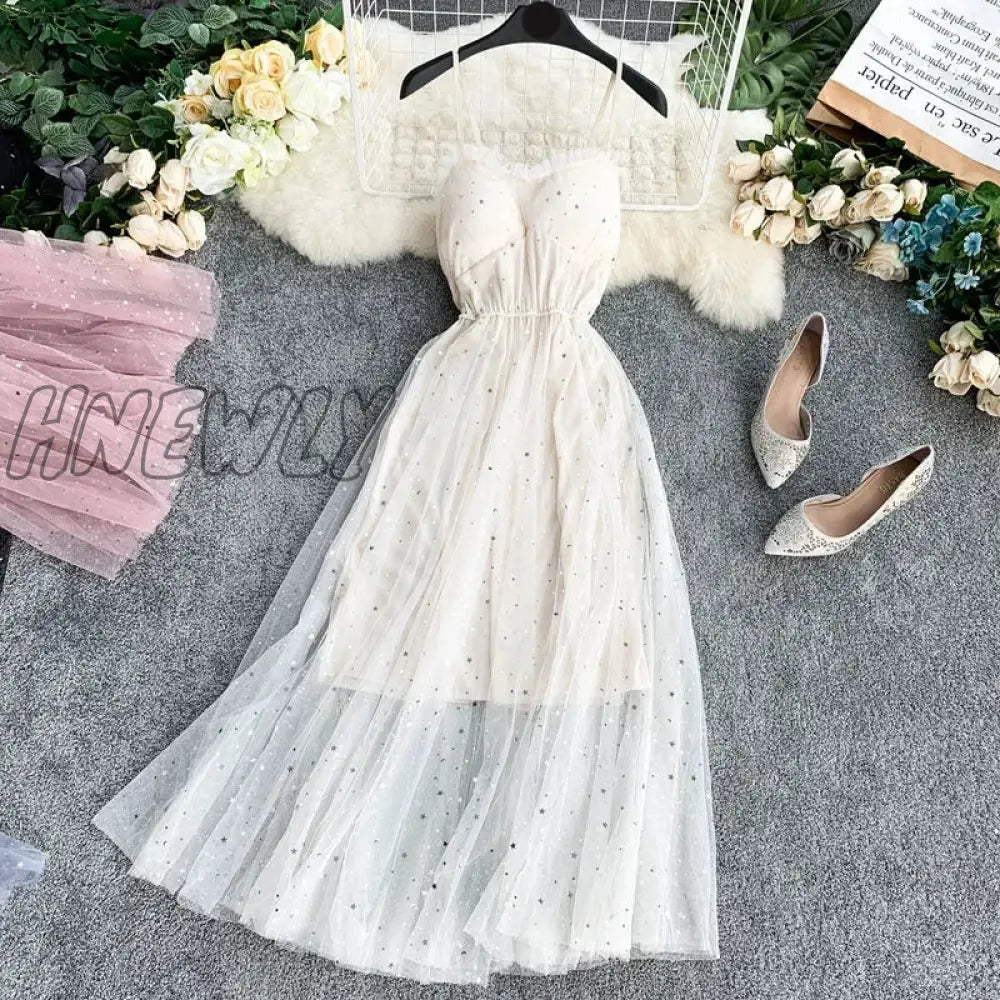 Hnewly Summer Women’s Dress French Retro Solid Color V-Neck Sequined Mesh Sling New Waist