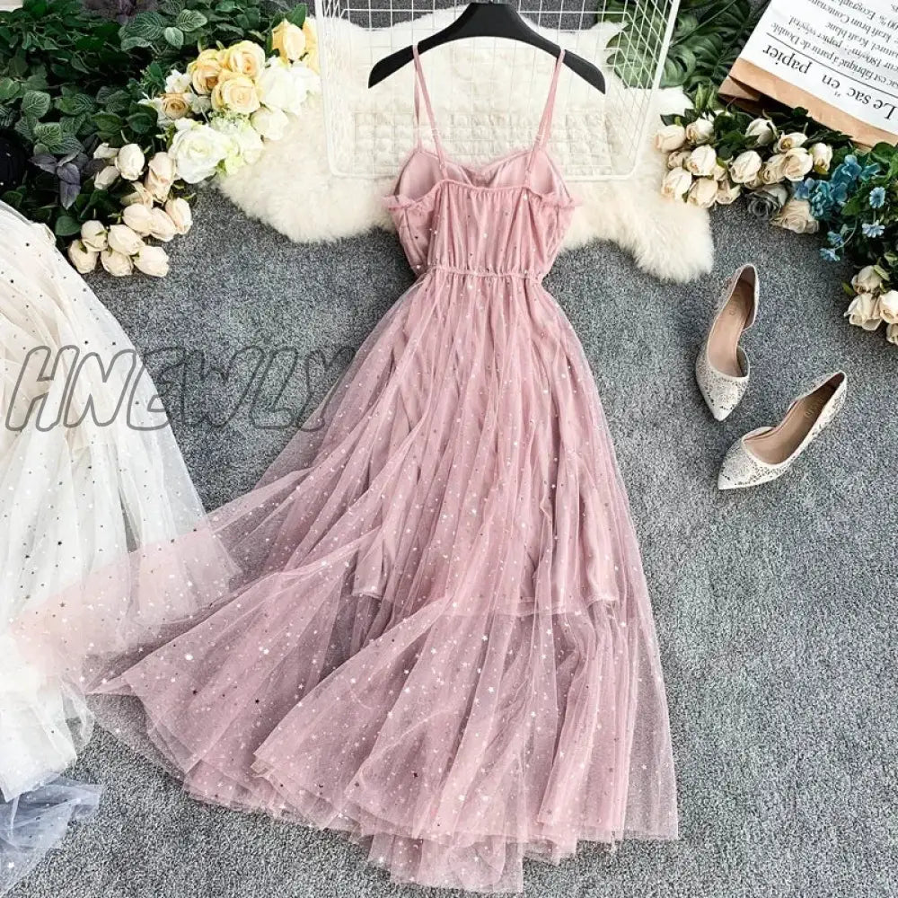 Hnewly Summer Women’s Dress French Retro Solid Color V-Neck Sequined Mesh Sling New Waist