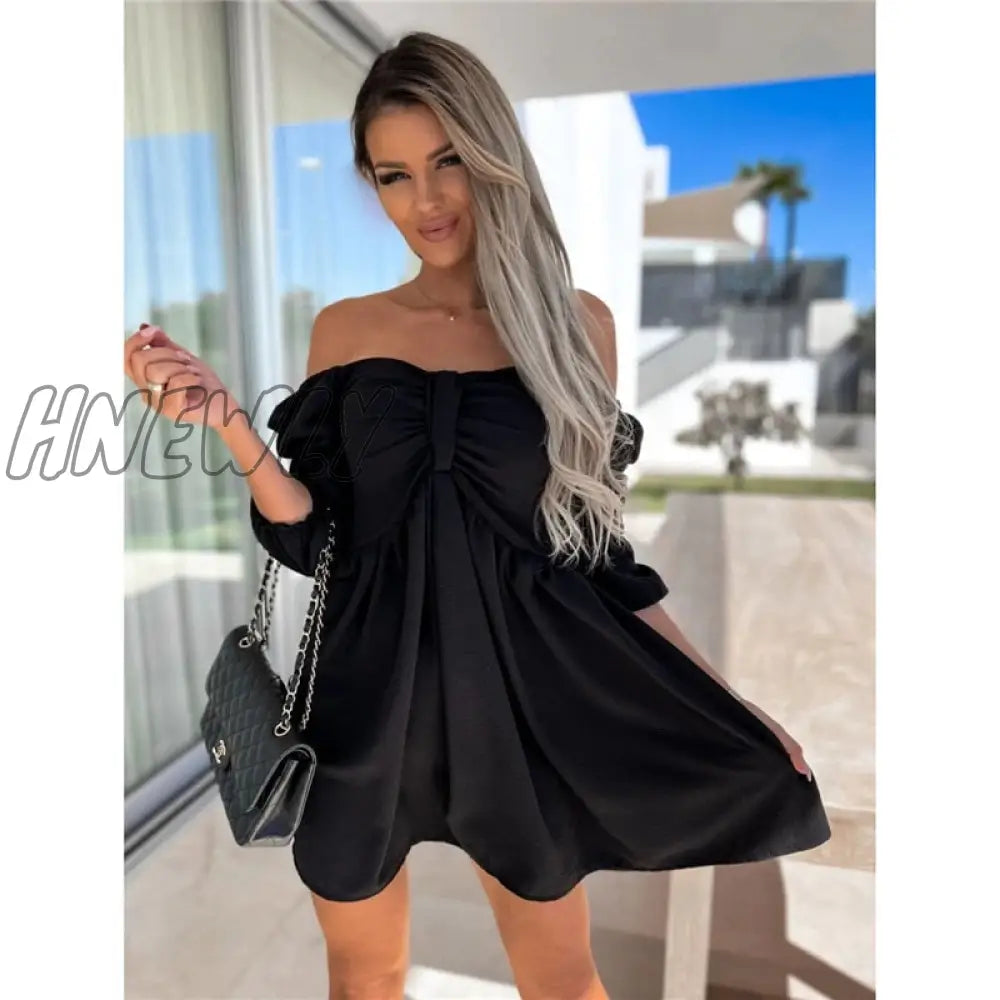 Hnewly Summer Womens Sexy Off Shoulder Half Sleeve Mini Dress Solid Party One Slim Bow Fashion
