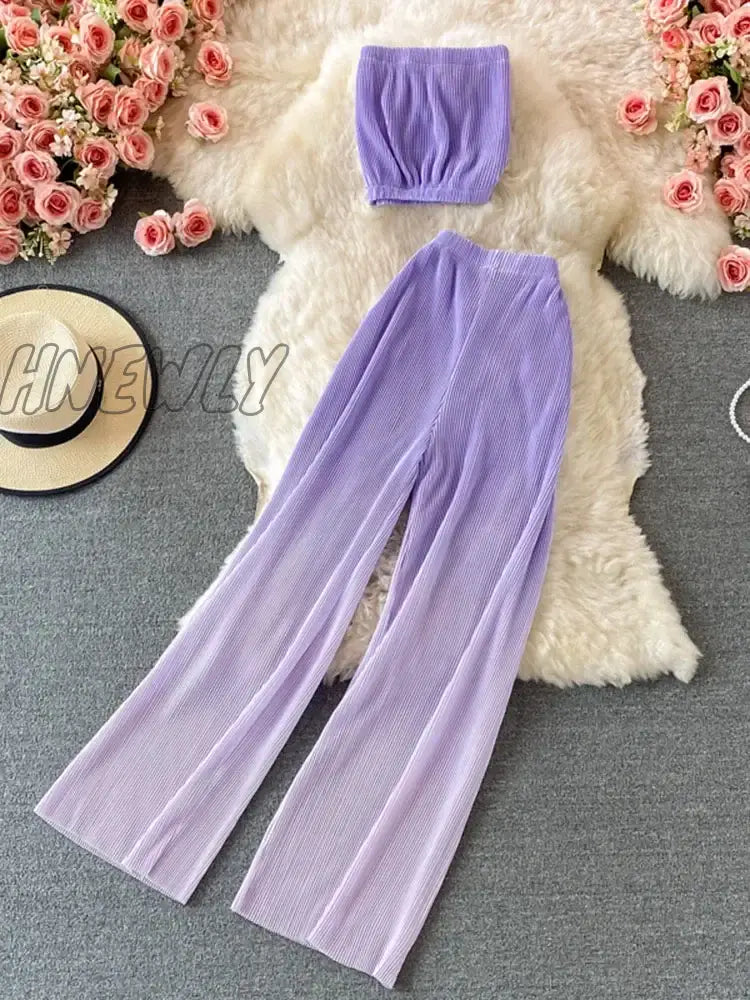Hnewly Summer Women’s Suit Korean Street Style Gradient Tube Top Short + High Waist Wide Leg