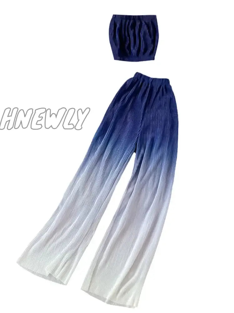 Hnewly Summer Women’s Suit Korean Street Style Gradient Tube Top Short + High Waist Wide Leg