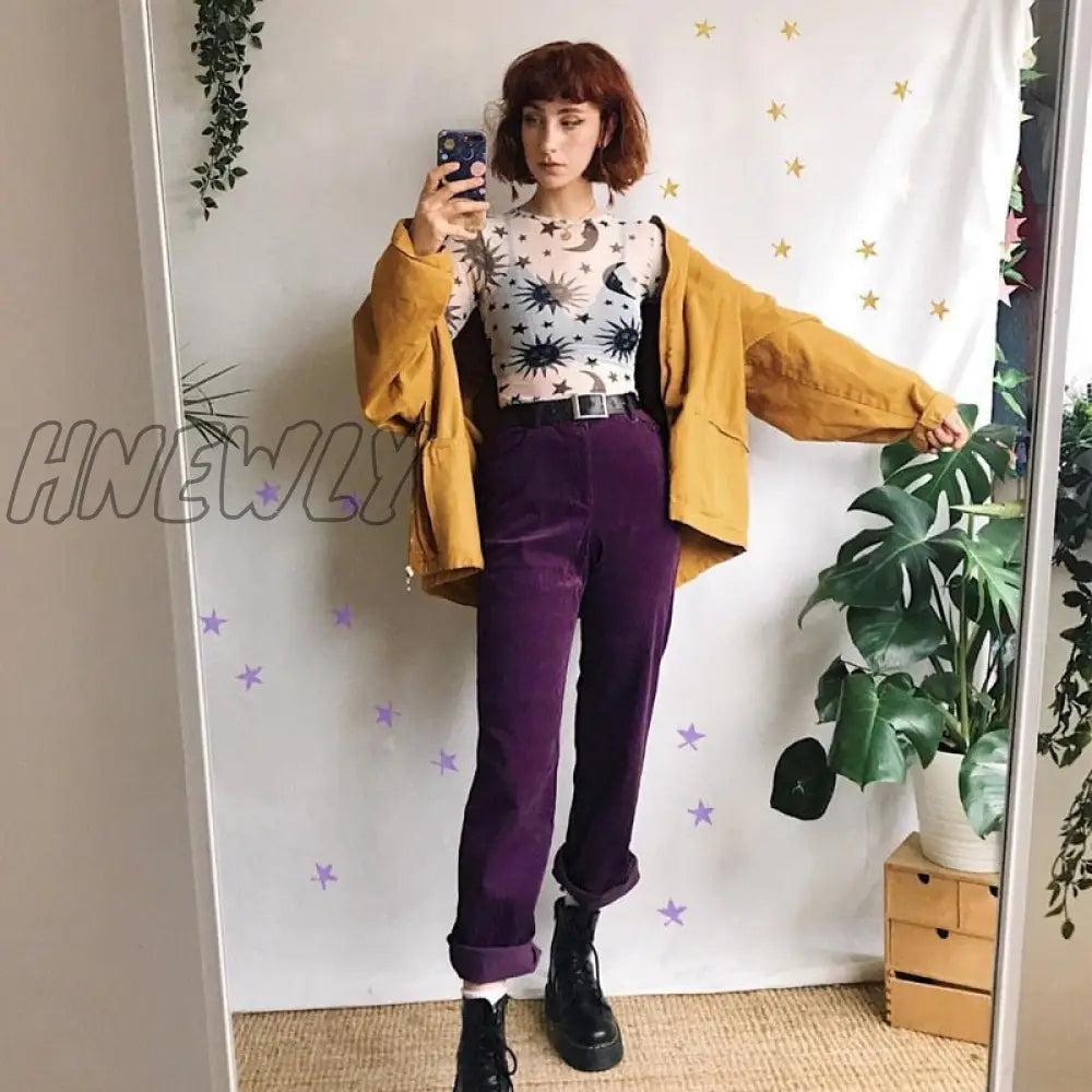 Hnewly Sun Moon Printed Transparent Mesh Sexy T-Shirt Women O-Neck Long Sleeve Slim Basic Casual