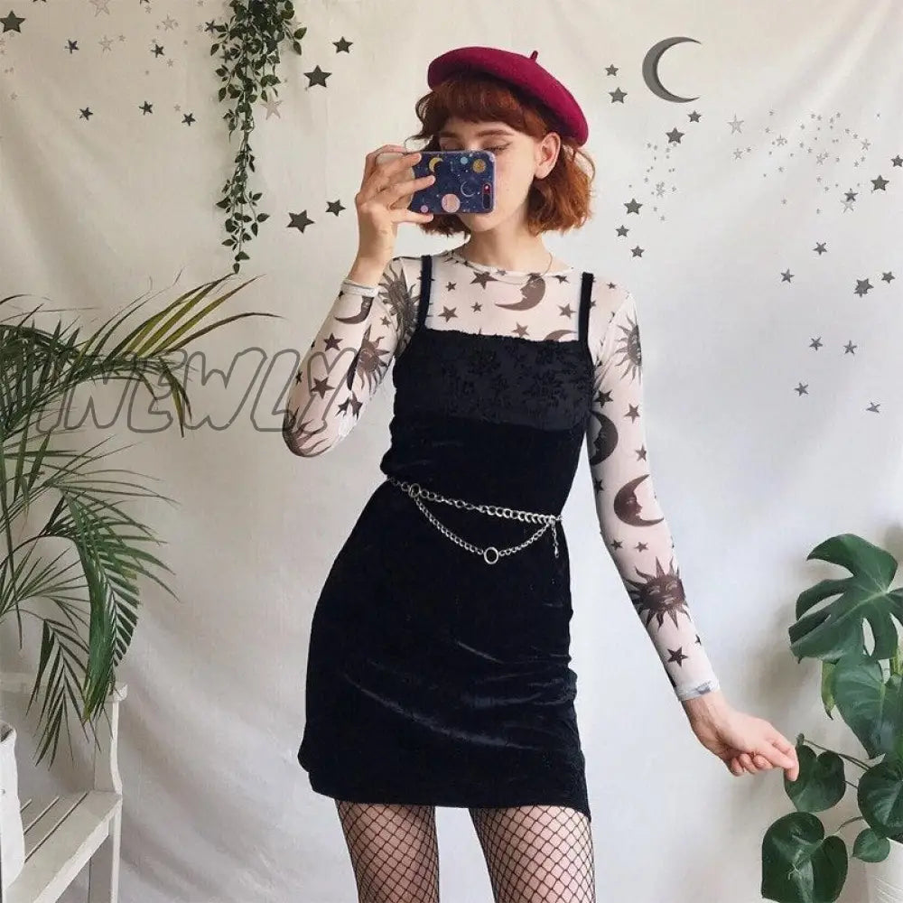 Hnewly Sun Moon Printed Transparent Mesh Sexy T-Shirt Women O-Neck Long Sleeve Slim Basic Casual
