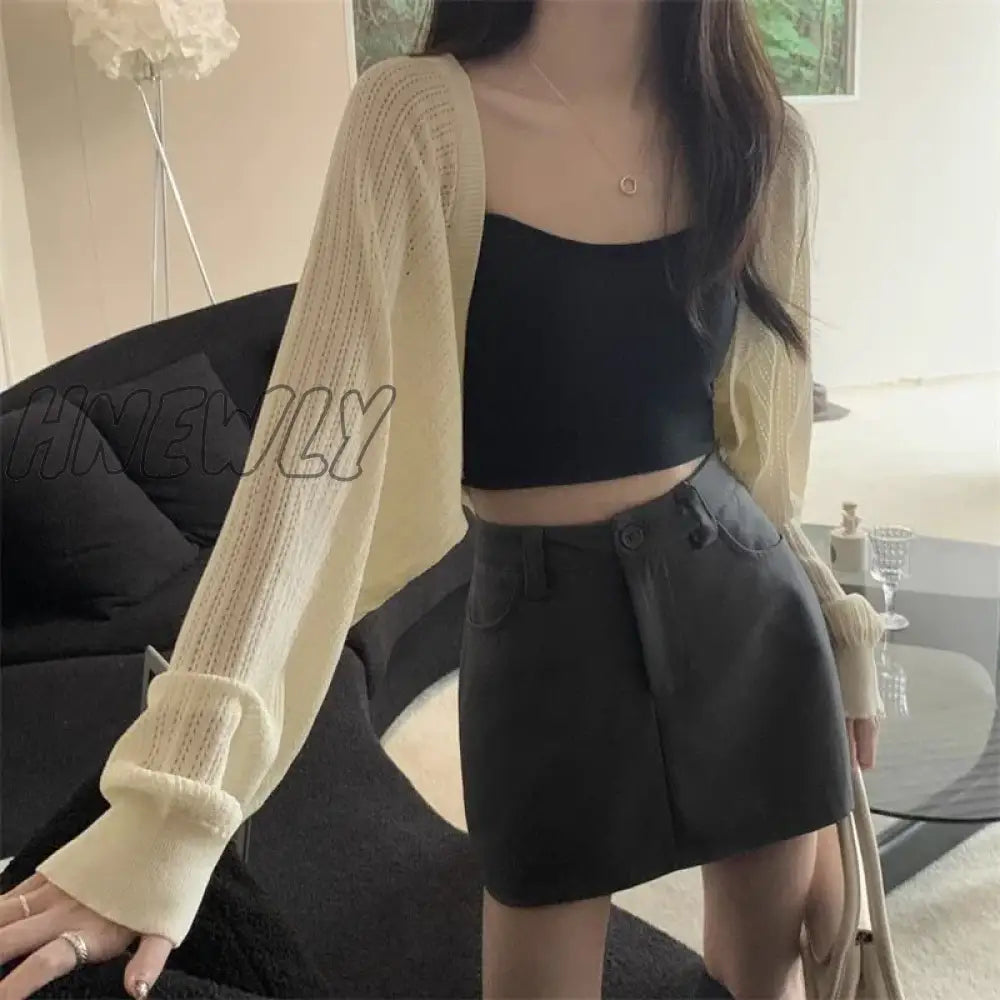 Hnewly Sunscreen Crop Knit Cardigan Women Korean Style Solid Color Thin Coat Woman Simple Long