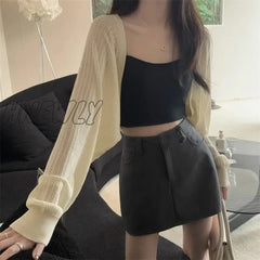 Hnewly Sunscreen Crop Knit Cardigan Women Korean Style Solid Color Thin Coat Woman Simple Long