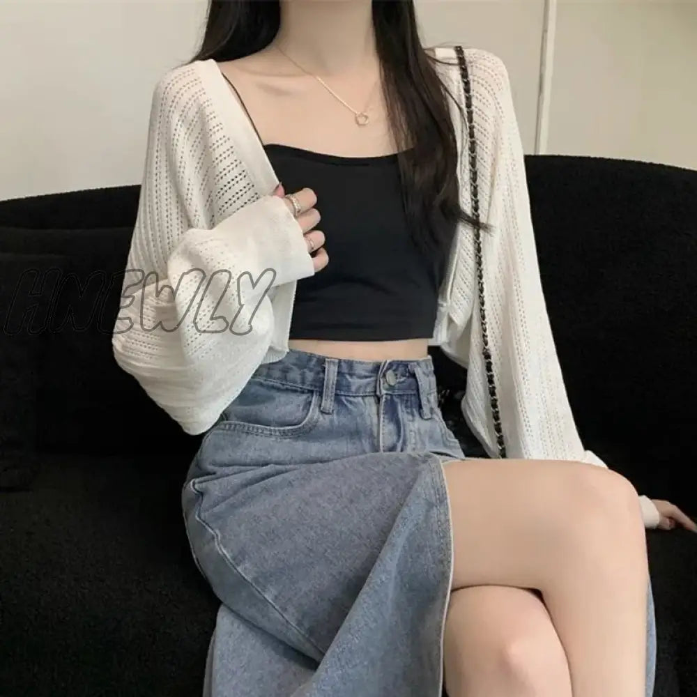 Hnewly Sunscreen Crop Knit Cardigan Women Korean Style Solid Color Thin Coat Woman Simple Long