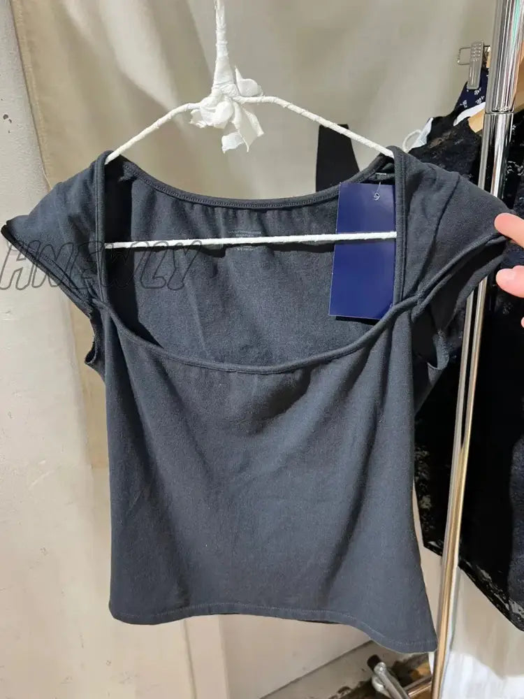 Hnewly Sweat Sleeveless Slim T-Shirt Woman Summer Roll Hem Square Collar Cotton Tee Shirt School