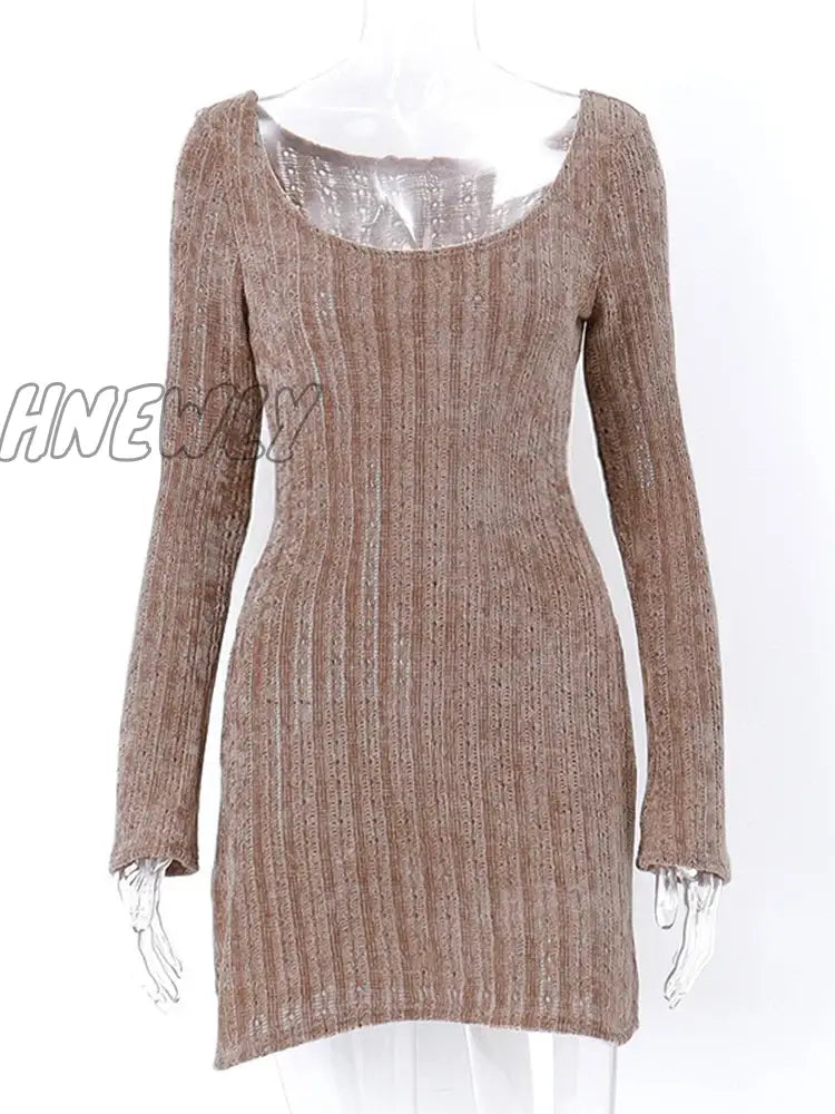 Hnewly Sweater Dress Long Sleeve Aesthetics Ribbed Brown Y2K Fall Outfits Women Solid Bodycon