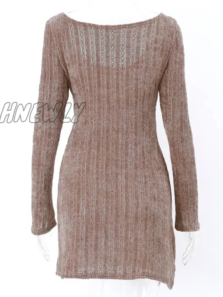 Hnewly Sweater Dress Long Sleeve Aesthetics Ribbed Brown Y2K Fall Outfits Women Solid Bodycon
