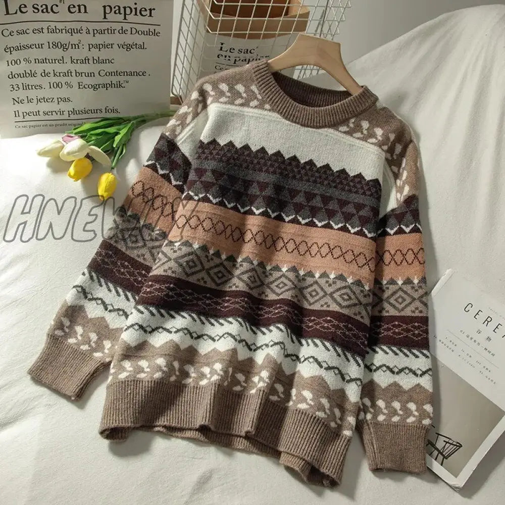 Hnewly Sweater Female Art Retro New Fashion Autumn And Winter Student Japanese Diamond Jacquard