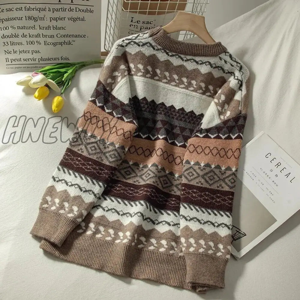 Hnewly Sweater Female Art Retro New Fashion Autumn And Winter Student Japanese Diamond Jacquard