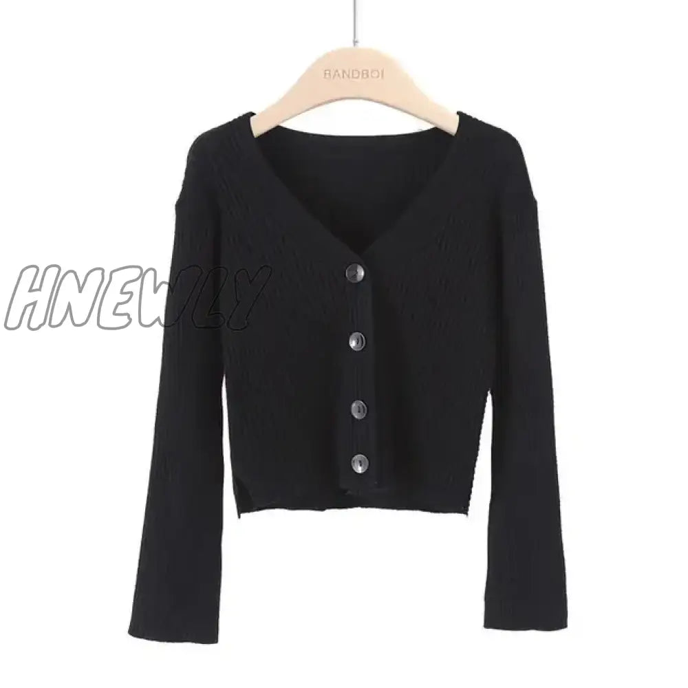 Hnewly Sweater Women Korean Style Personality Short Long Sleeves Breasted Solid Color Knit Cardigan
