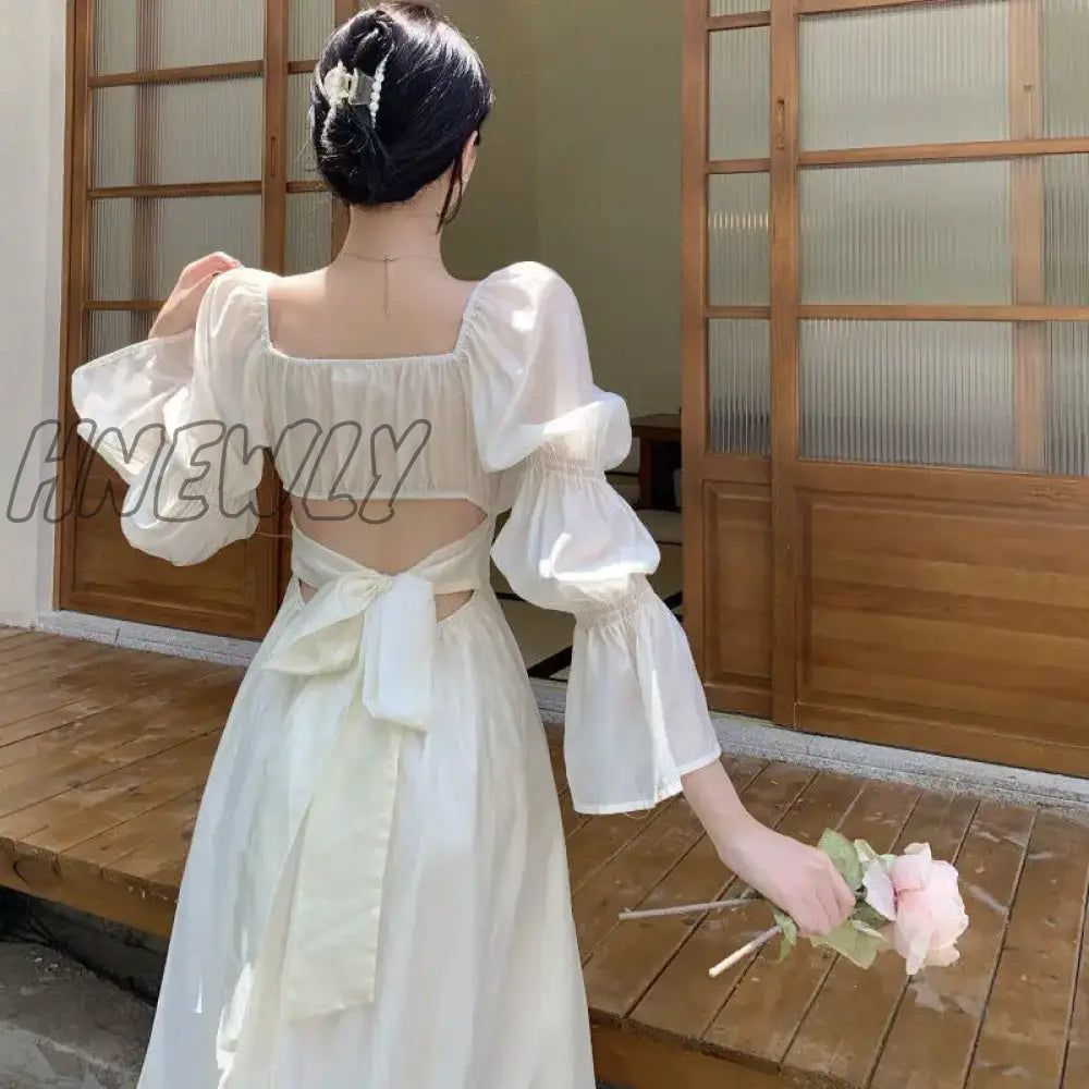 Hnewly Sweet Back Puff Sleeve Dress Women Autumn New Pink Bandage Fashion Elegant Chiffon Long