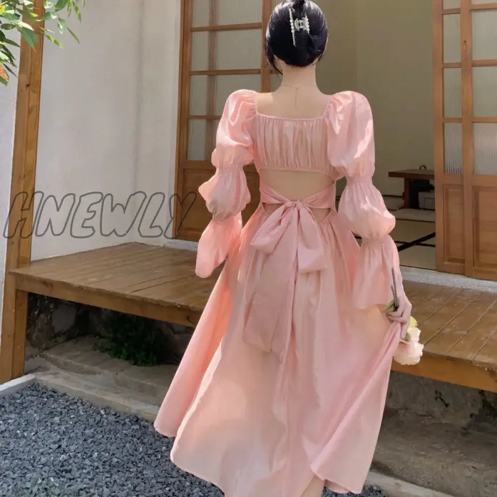Sweet Back Puff Sleeve Dress Women Autumn New Pink Bandage Dress Fashion Elegant Chiffon Long Dresses Female