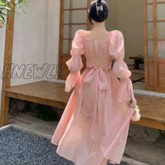 Sweet Back Puff Sleeve Dress Women Autumn New Pink Bandage Dress Fashion Elegant Chiffon Long Dresses Female