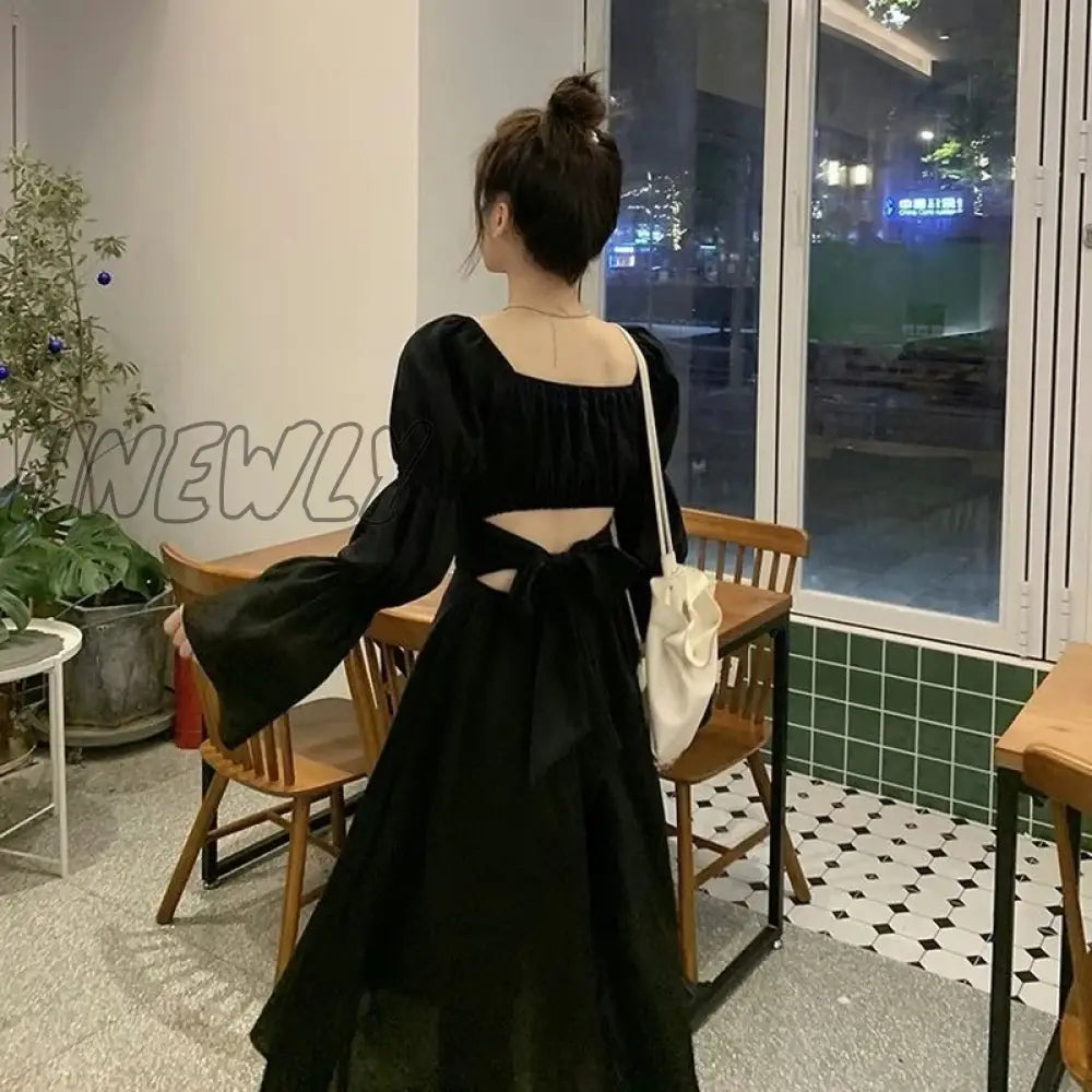 Hnewly Sweet Back Puff Sleeve Dress Women Autumn New Pink Bandage Fashion Elegant Chiffon Long