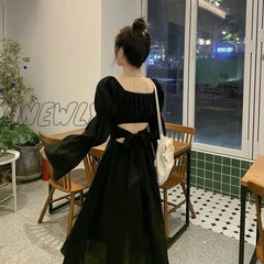 Hnewly Sweet Back Puff Sleeve Dress Women Autumn New Pink Bandage Fashion Elegant Chiffon Long