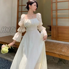 Hnewly Sweet Back Puff Sleeve Dress Women Autumn New Pink Bandage Fashion Elegant Chiffon Long