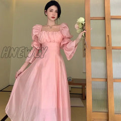 Hnewly Sweet Back Puff Sleeve Dress Women Autumn New Pink Bandage Fashion Elegant Chiffon Long