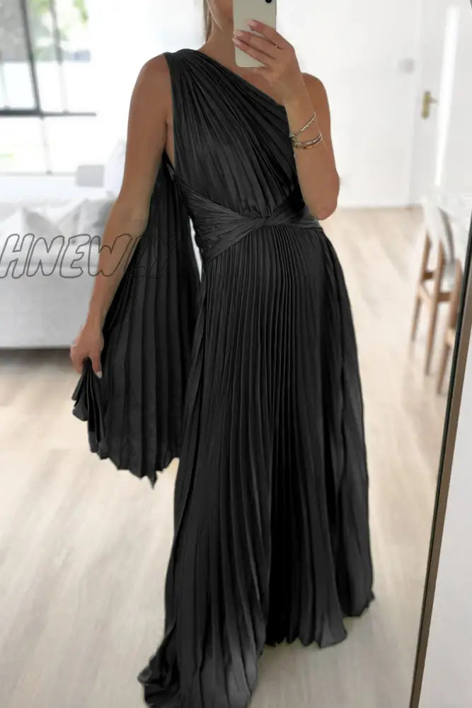 Hnewly - Sweet Elegant Solid Fold Oblique Collar A Line Dresses(3 Colors) Black / S Dresses/Party