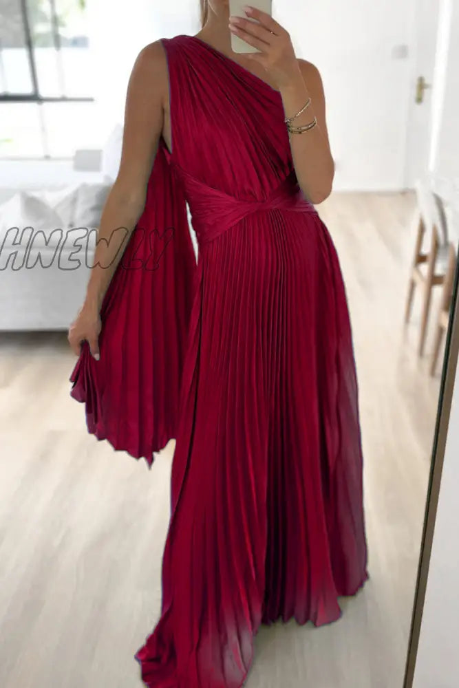 Hnewly - Sweet Elegant Solid Fold Oblique Collar A Line Dresses(3 Colors) Burgundy / S