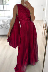 Hnewly - Sweet Elegant Solid Fold Oblique Collar A Line Dresses(3 Colors) Burgundy / S