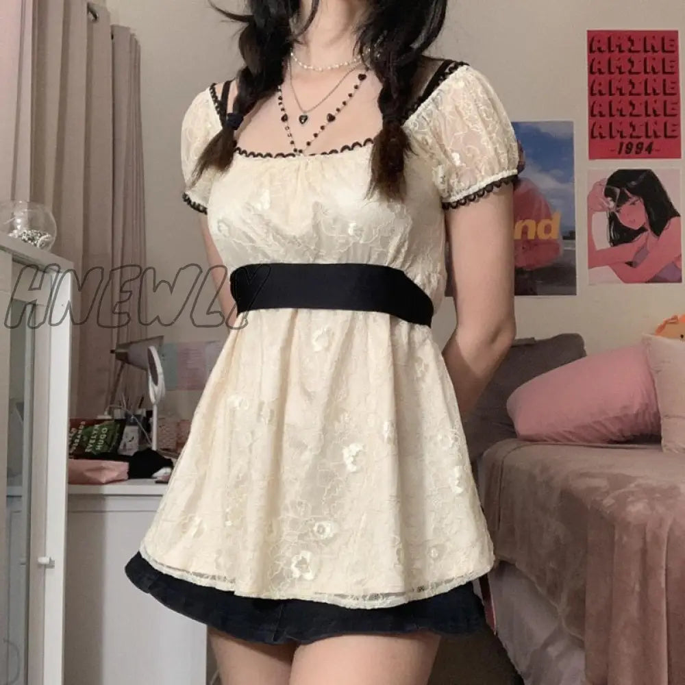 Hnewly Sweet Girl Kawaii Lace Mini Dress Y2K Fairycore Grunge Patchwork Short Sleeve A-Line Women