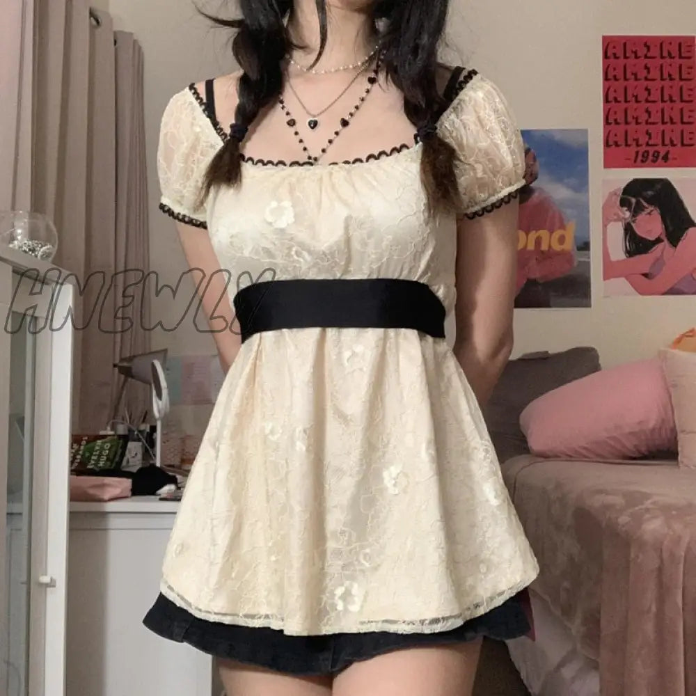 Hnewly Sweet Girl Kawaii Lace Mini Dress Y2K Fairycore Grunge Patchwork Short Sleeve A-Line Women