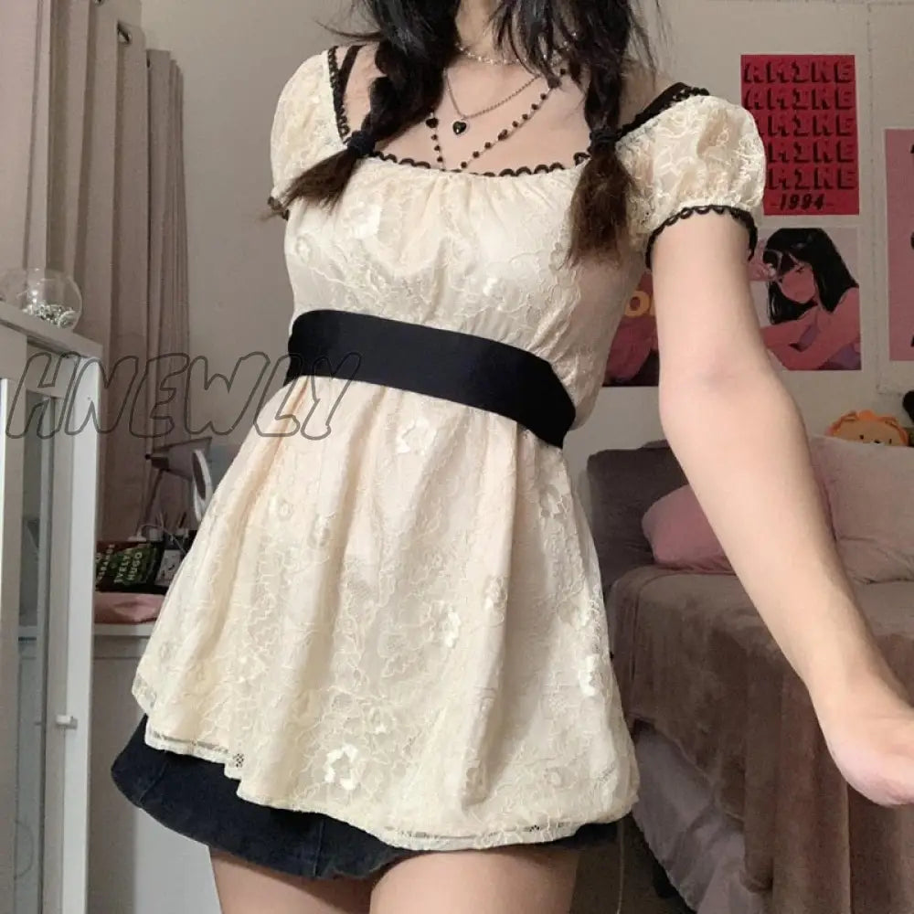 Hnewly Sweet Girl Kawaii Lace Mini Dress Y2K Fairycore Grunge Patchwork Short Sleeve A-Line Women