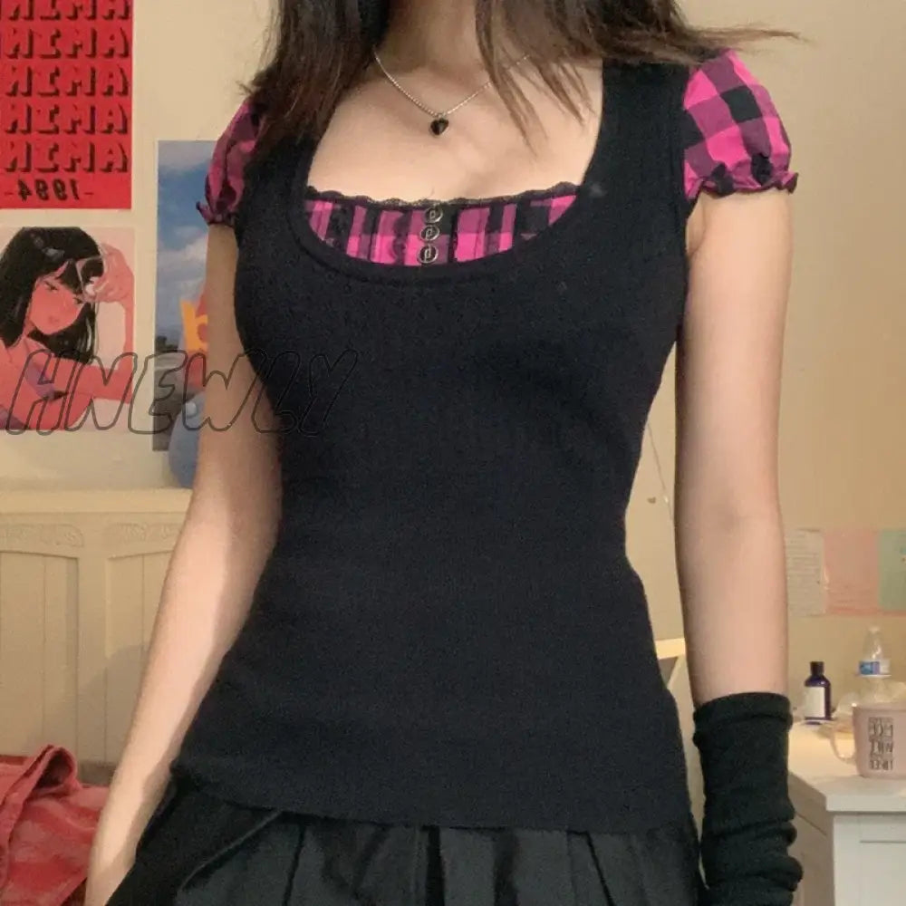 Hnewly Sweet Girl Y2K Fairy Grunge Kawaii Lace Crop Top Square Collar Short Sleeve Slim Fit T-Shirt