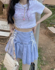 Hnewly Sweet High Waist Mini Denim Skirts Summer Women Sexy Lace Bandage Pleated Skirt Cool Girly
