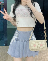 Hnewly Sweet High Waist Mini Denim Skirts Summer Women Sexy Lace Bandage Pleated Skirt Cool Girly