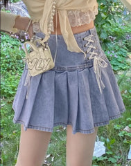 Hnewly Sweet High Waist Mini Denim Skirts Summer Women Sexy Lace Bandage Pleated Skirt Cool Girly