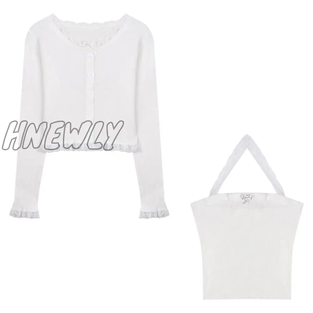 Hnewly Sweet Knitted Two Piece Set Women Summer Crop Top Lace Trim Cute 2 Kawaii Outfits Short Tops