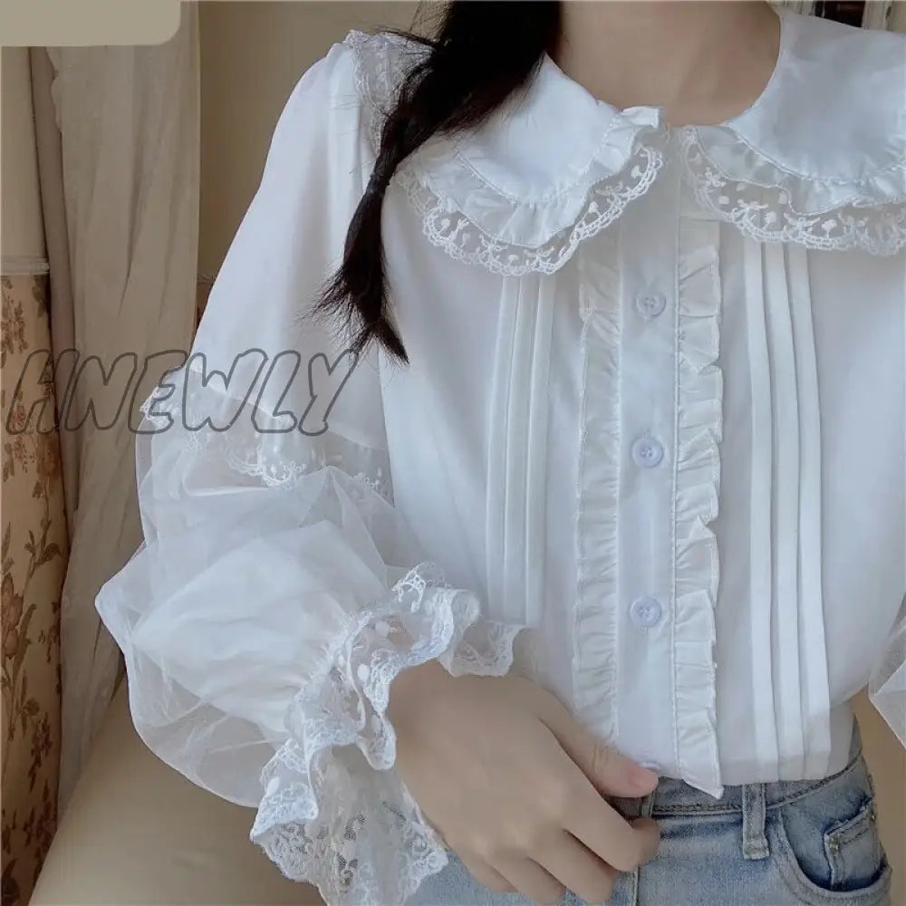 Hnewly Sweet Lolita Long Sleeve White Shirts Women Japanese Lace Ruffles Peter Pan Collar Elegant