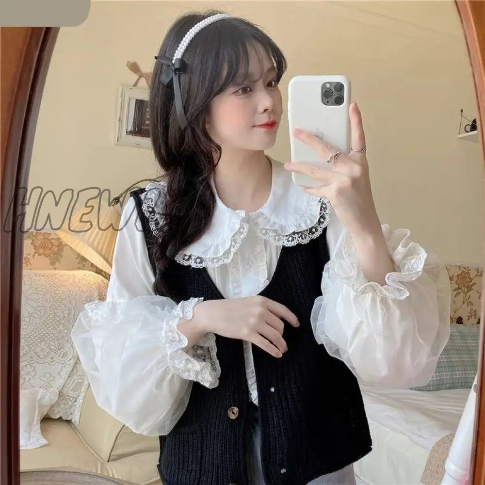 Hnewly Sweet Lolita Long Sleeve White Shirts Women Japanese Lace Ruffles Peter Pan Collar Elegant