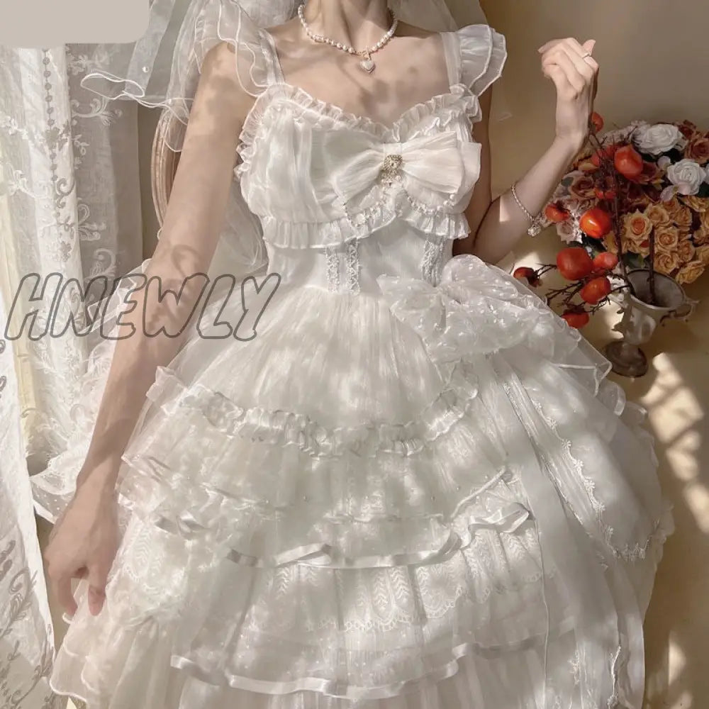 Hnewly Sweet Lolita Princess Dress Vintage Women Elegant Ruffles Pearl Bow Party Tiered Dresses