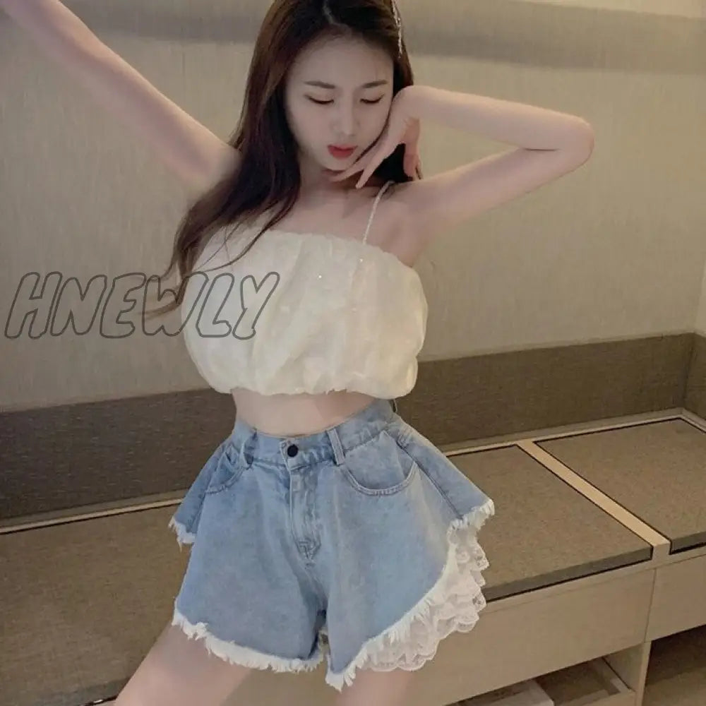 Hnewly Sweet Lolita Style Lace Shorts Summer Women Harajuku Chic High Waist Denim Short Pants