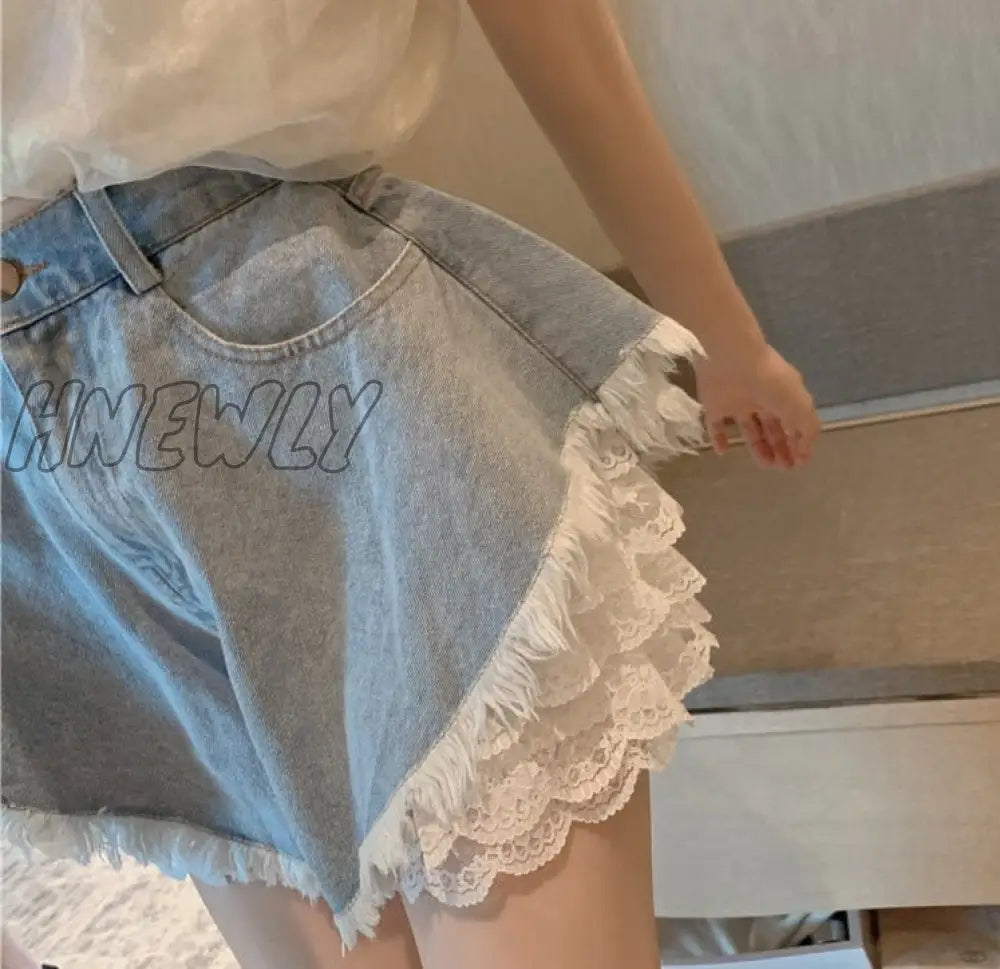 Hnewly Sweet Lolita Style Lace Shorts Summer Women Harajuku Chic High Waist Denim Short Pants