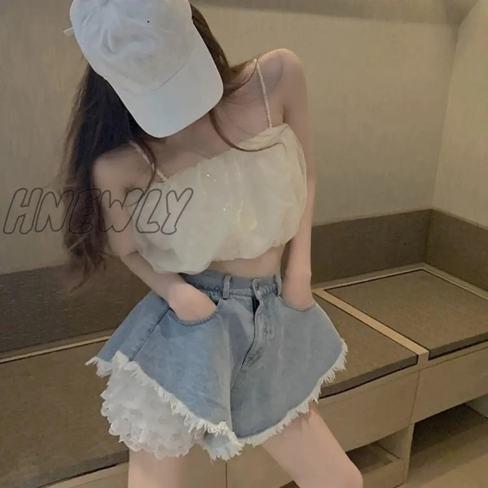 Hnewly Sweet Lolita Style Lace Shorts Summer Women Harajuku Chic High Waist Denim Short Pants