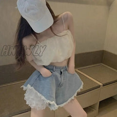 Hnewly Sweet Lolita Style Lace Shorts Summer Women Harajuku Chic High Waist Denim Short Pants