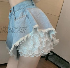 Hnewly Sweet Lolita Style Lace Shorts Summer Women Harajuku Chic High Waist Denim Short Pants