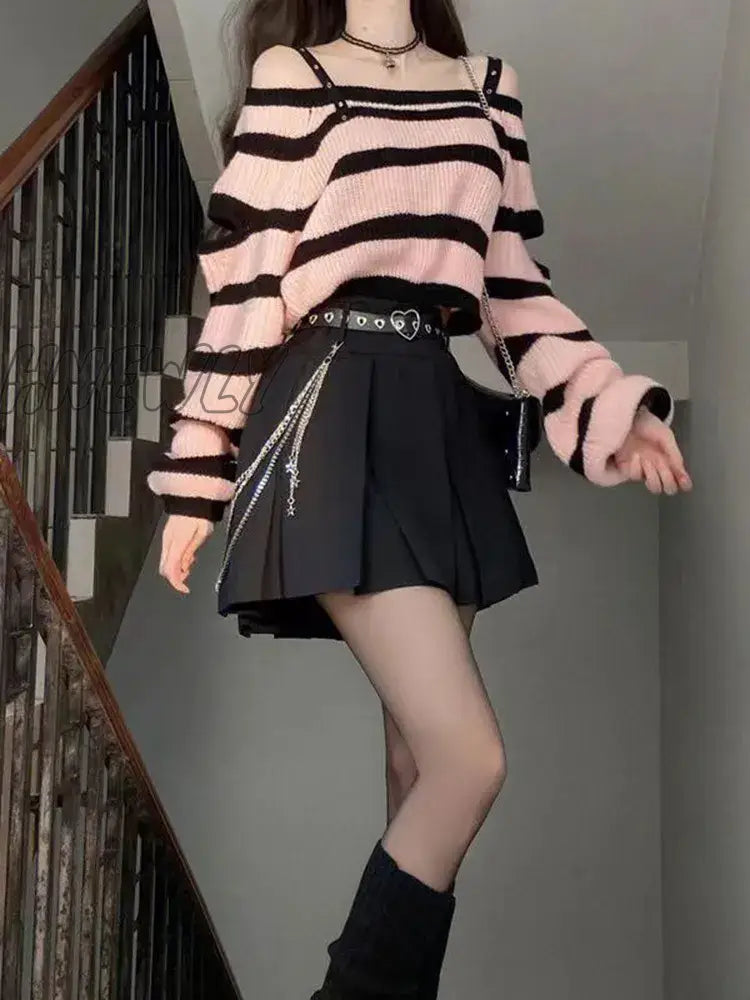 Hnewly Sweet Off Shoulder Top Striped Knit Set Women’s Spring Autumn Spicy Girls High Waist