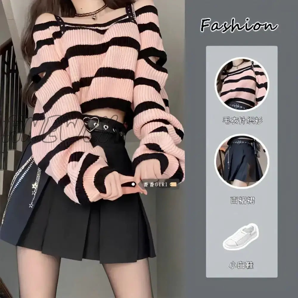 Hnewly Sweet Off Shoulder Top Striped Knit Set Women’s Spring Autumn Spicy Girls High Waist