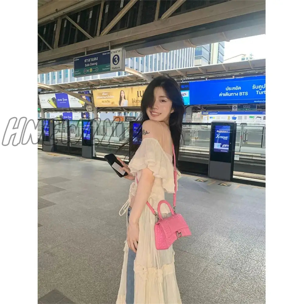 Hnewly Sweet Ruffles Dress Women Y2K Slash Neck Bandage Robe Vintage Streetwear Hollow Out Dresses