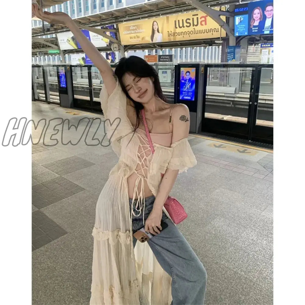 Hnewly Sweet Ruffles Dress Women Y2K Slash Neck Bandage Robe Vintage Streetwear Hollow Out Dresses
