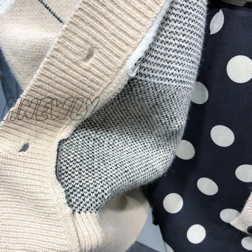 Hnewly Sweter Casacos Femininos Inverno Argyle Cardigan Sweater Women Winter Clothes V - Neck