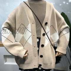 Hnewly Sweter Casacos Femininos Inverno Argyle Cardigan Sweater Women Winter Clothes V - Neck