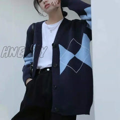 Hnewly Sweter Casacos Femininos Inverno Argyle Cardigan Sweater Women Winter Clothes V - Neck