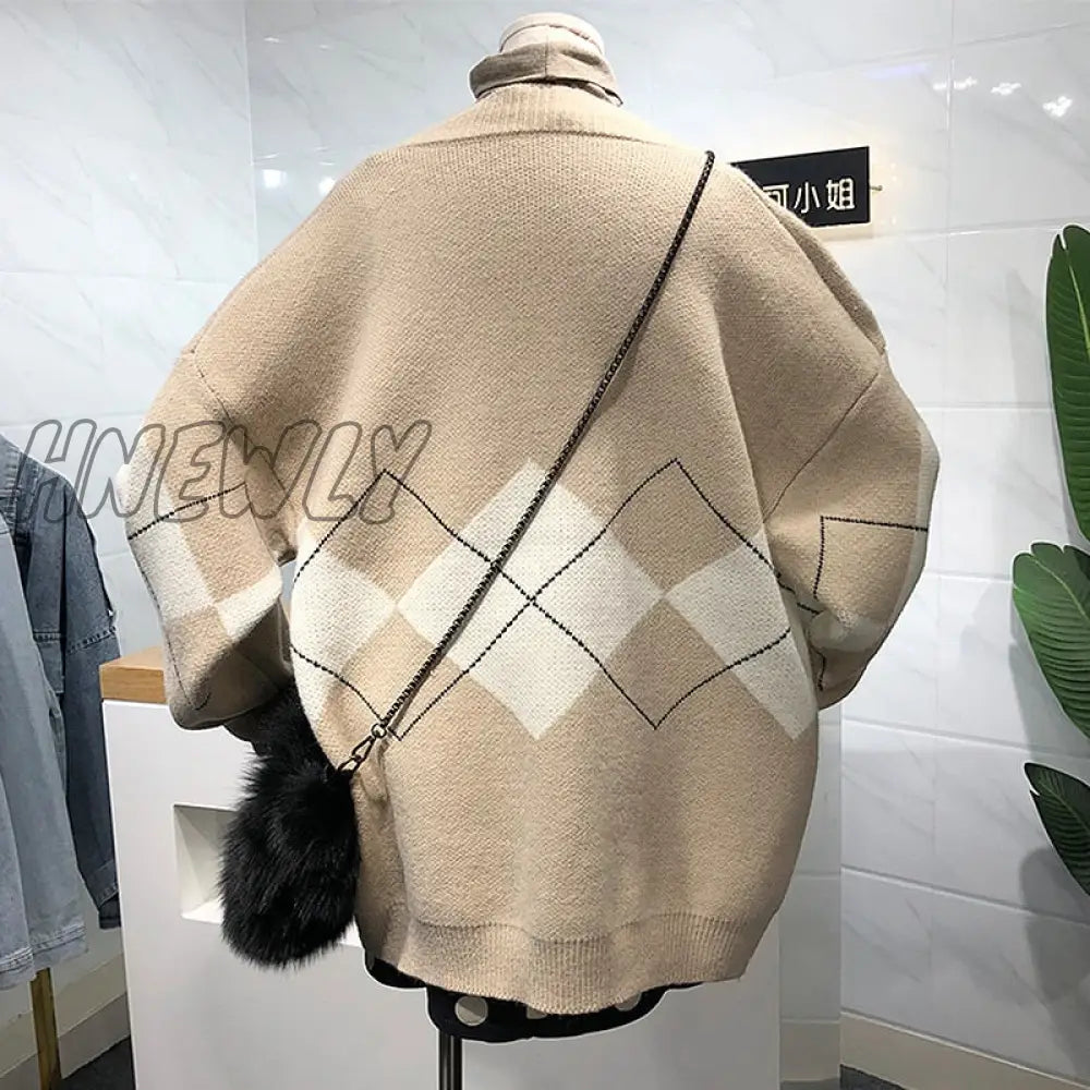 Hnewly Sweter Casacos Femininos Inverno Argyle Cardigan Sweater Women Winter Clothes V - Neck